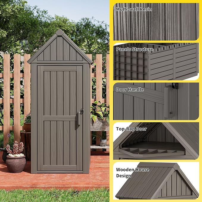 Fancyango Outdoor Resin Storage Shed, Upgrade Sturdy Storage Cabinet with Removable Shelves and Lock Ring, Reinforced Floor, All-Weather Construction for Garden Patio Lawn (Gray)
