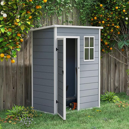 Outsunny 5' x 3' Outdoor Storage Shed, Plastic Shed with Vent, Window and Double Lockable Doors, Utility Resin Shed for Patio, Backyard, Lawn, Garage, Gray
