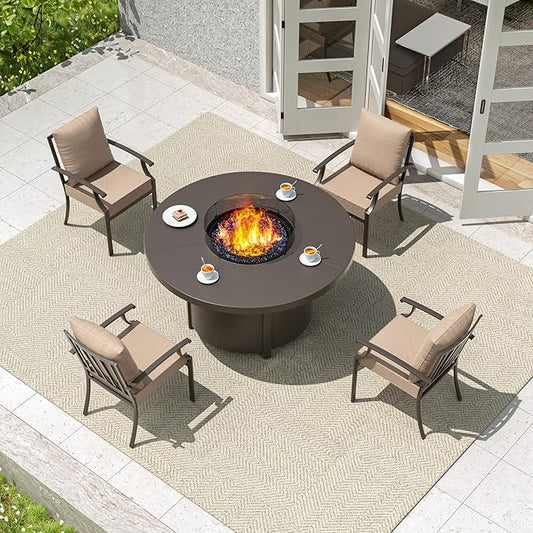 5 Pieces Patio Furniture Set with Round Fire Pit Table, Outdoor Conversation Sets 4 Chairs with Upgrade Cushions for Patio, Backyard Brown