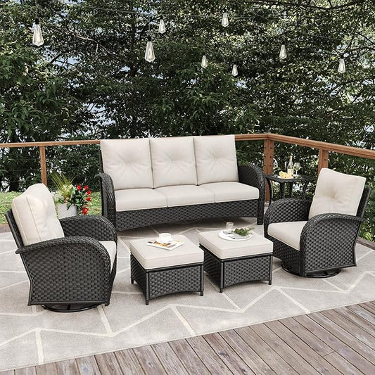 6 Pieces Patio Furniture Sets, Wicker Rattan High Back Outdoor Swivel Rocking Chairs Set with 3-Seat Couch, Ottomans and Side Table