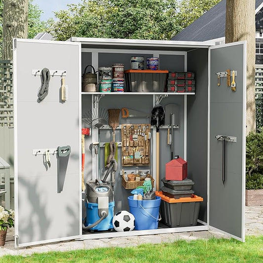 UDPATIO 38 Cu.ft Resin Outdoor Storage Shed with Floor, Vertical Plastic Tool Shed with Shelving Brackets for Backyard Pool Lawn Garden, Grey
