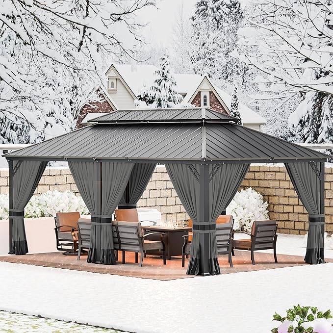 12’x20’ Hardtop Gazebo Outdoor Aluminum Frame Permanent Gazebo Galvanized Steel Double Roof Gazebos with Nettings and Curtains for Patio, Lawns,Backyard, Deck(Grey)