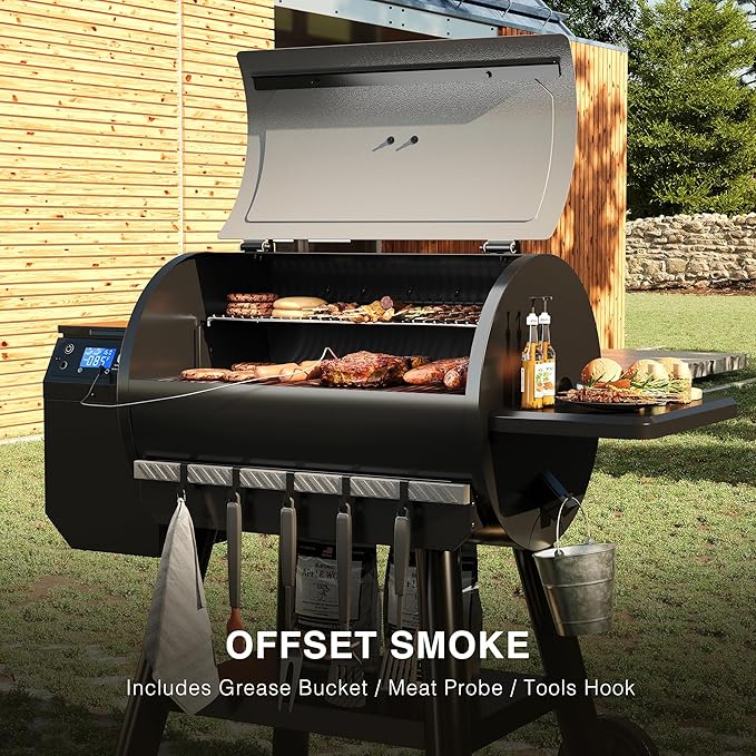 LCD Control Wood Pellet Smoker Grill, 700 SQ. IN Cook Area, Pellet Grill with Auto Feed & Leaking Waste, 500°F Max Temperature, 8 in 1 BBQ Grill with Meat Probe, Side Table with Hooks(Black)