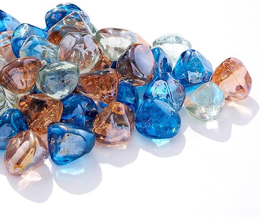 Fire Glass Diamond 1 Inch Fire Pit Glass Rocks for Propane or Gas Fire Pit (Gift Package) (10 Pounds, White/Pink Champagne/Margarita Azura Blue Blend)