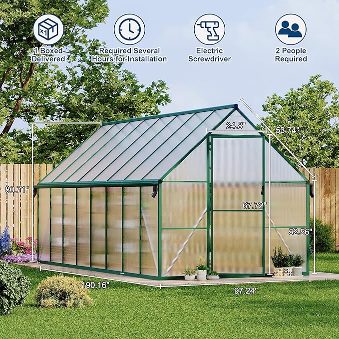 Polycarbonate Greenhouse for Outdoors, Large Walk-InGreenhouse with Quick Setup Structure and Roof Vent, Greenhouse with Ventilation