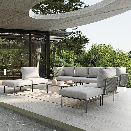 9 Piece Modern Outdoor Rope Wicker Sectional Patio L-Shaped Conversation Sofa Set Deep Seating with Thick Cushions