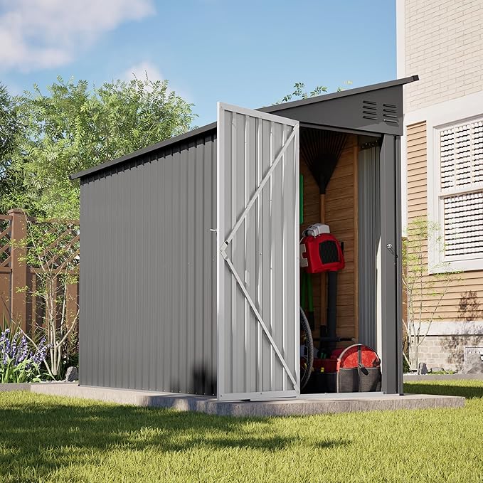 4×8 FT Lean to Metal Shed,Outdoor Heavy-Duty Storage Shed with Floor Base,All Weather Waterproof Garden Tool House W/Lockable Door&2 Air Vents,Reversible Door Design,for Backyard,Patio,Lawn,Gray