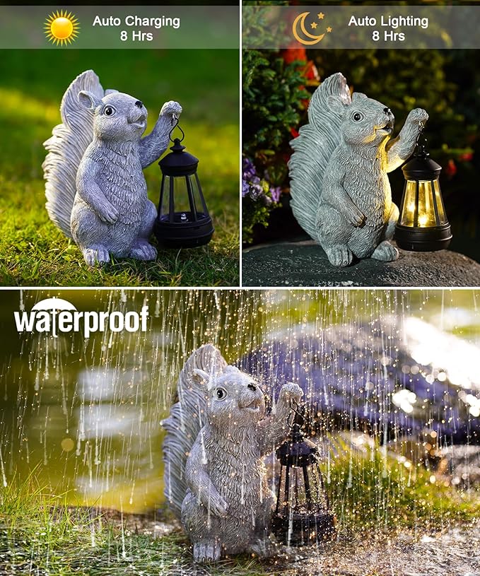 Nacome Solar Squirrel Statues for Garden Decor: Outdoor Sculptures for Clearance Outside Lawn Ornaments Porch Patio Balcony Yard - Christmas Birthday Gifts for Mom Grandma