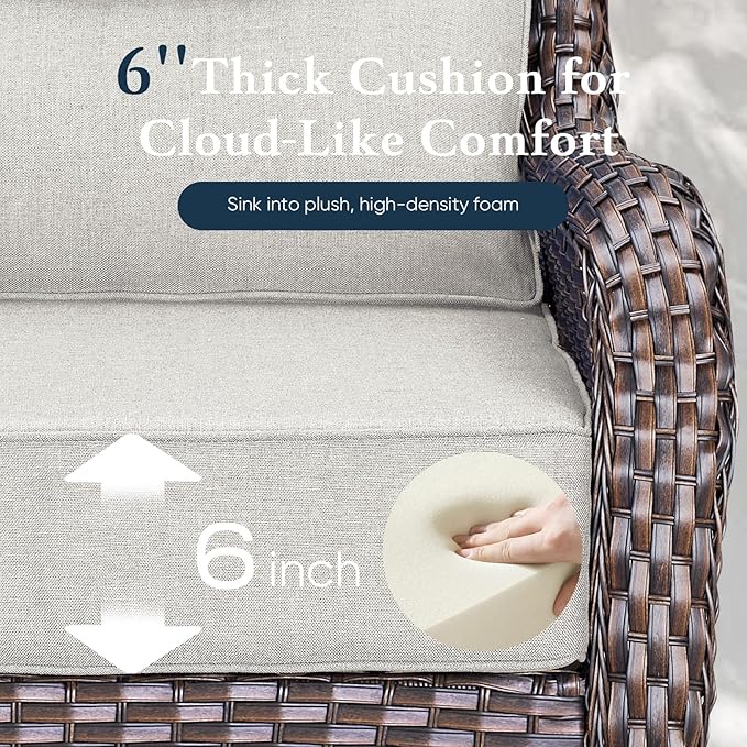 Belord Luxury 6" Thick Cushioned Outdoor Swivel Rocker Patio Chairs with Side Table, 3 Pieces High Back Wicker Furniture Set with Ergonomic Back, Conversation Gliders Set for Deck Porch - Brown+Beige