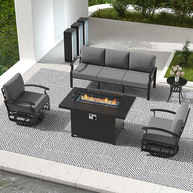 Aluminum Patio Furniture Set with Fire Pit Table, 5 Seats Outdoor Patio Conversation Set with Swivel Chair Modern Metal Patio Sectional Sofa with Upgrade Cushions for Patio, Backyard Grey