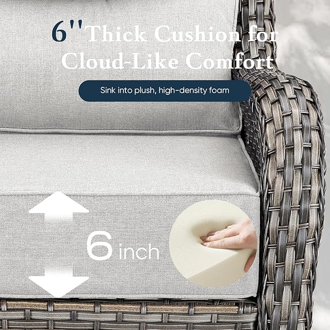 Belord Luxury 6" Thick Cushioned 8 Pieces Patio Furniture Set with Outdoor Couch, Wicker Outdoor Conversation Set with High Back Swivel Rocker Chairs for Deck Porch Yard and Poolside - Grey+Beige