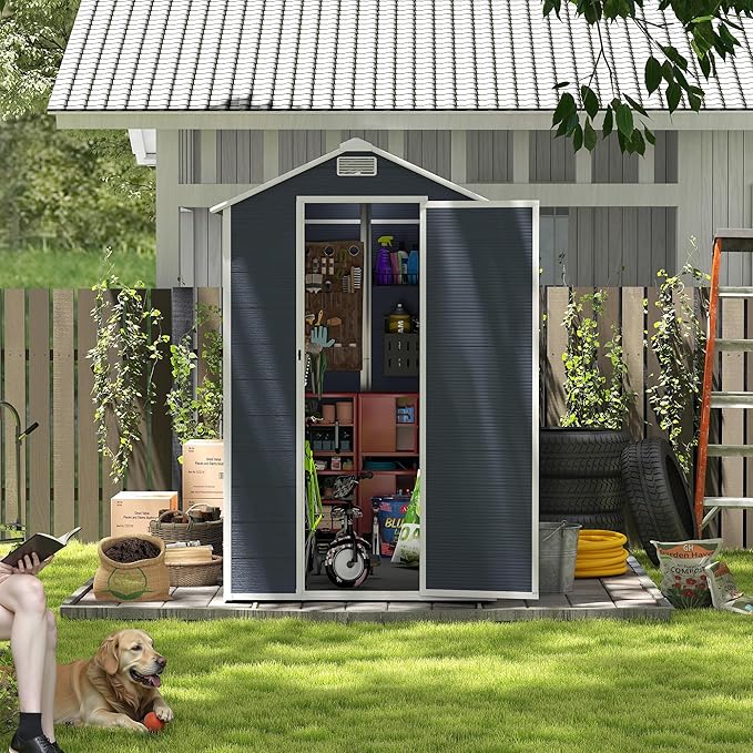 4X8 FT Resin Outdoor Storage Shed, Plastic Garden Sheds with Waterproof Roof & Air Vent,Outside Patio Storage House Tool Shed with Window &Lockable Door for Backyard, Lawn, Dark Grey