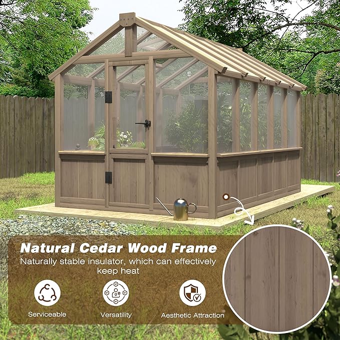 Mupater 6'x10' Wooden Greenhouse for Outdoor, Heavy Duty Green House Kit with Ventilated Window and Lockable Door, 6mm MWPC Panels for UV Protection, Walk-in Greenhouse for Backyard, Patio, Lawn