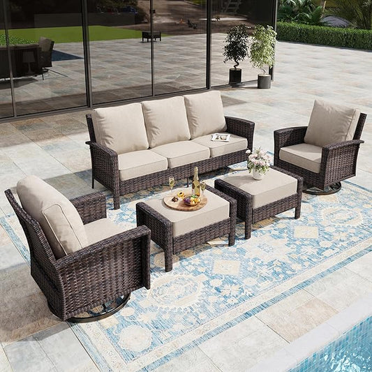 5-Piece Wicker Patio Furniture Set with Swivel Chairs, High Back Outdoor Furniture with 5.5-inch Thick Cushion and Ottoman, All-Weather Wicker Patio Conversation Set for Deck Yard Pool, Beige