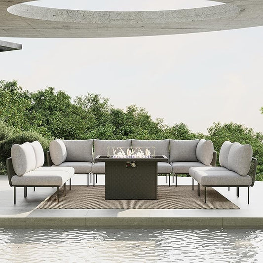 9 Piece Modern Outdoor Rope Wicker Sectional Patio L-Shaped Conversation Sofa Set Deep Seating with Fire Pit Table