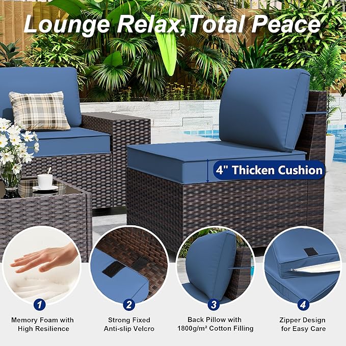 Outdoor Patio Furniture Set with Gas Fire Pit Table, 13 Pieces Patio Sectional Sofa w/43in Propane Fire Pit, PE Wicker Rattan Patio Conversation Set - Blue.