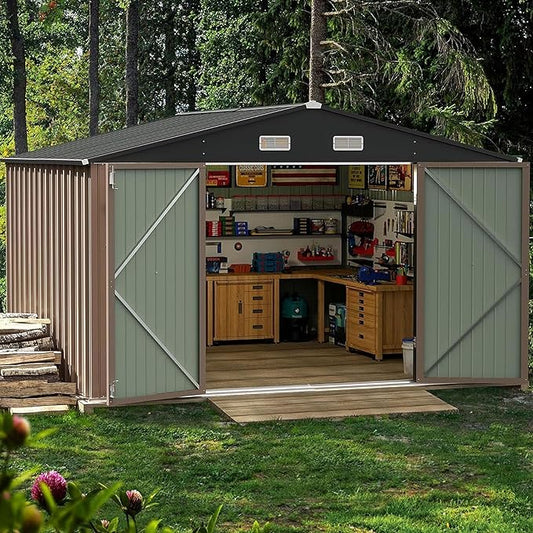 Furniwell 10x10 FT Outdoor Storage Shed, Metal Garden Sheds Outdoor Storage House with Single Lockable Door for Backyard Patio Lawn, Brown