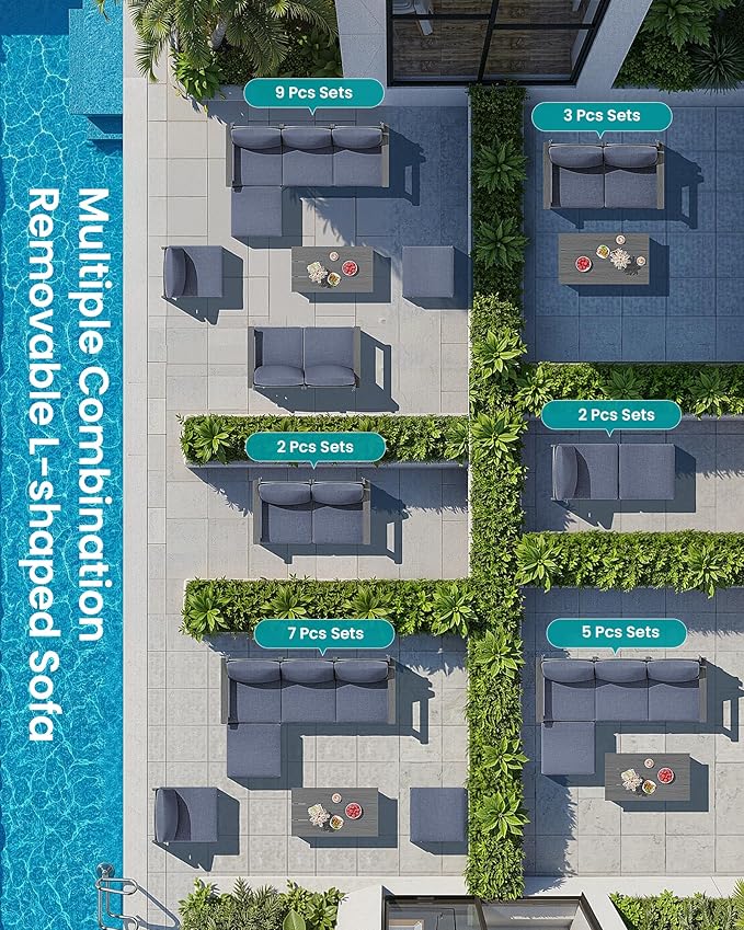 SERWALL 5-Piece Patio Sofas with 15FT Double Side Patio Umbrella, All-Weather HDPE Outdoor Sectional Sofa, Large Modular Patio Conversation Set for Garden, Deck, Porch, Grey Frame with Grey Cushion