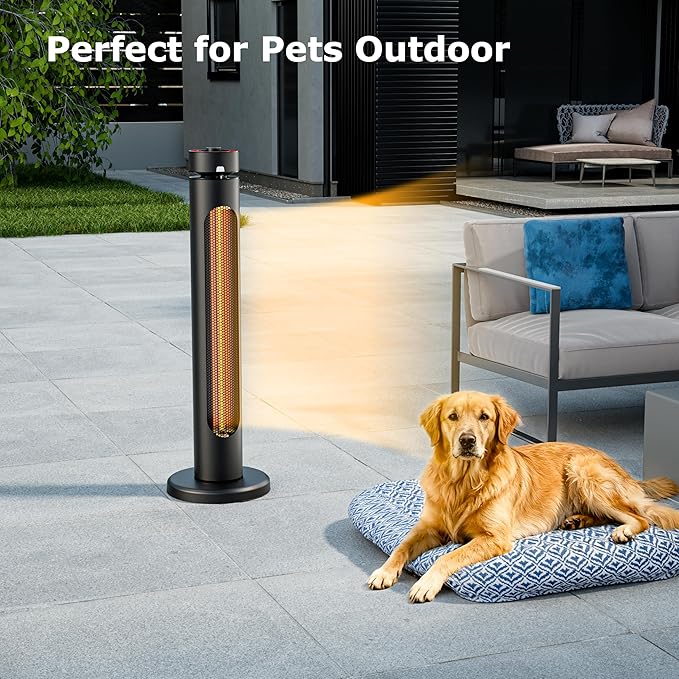 Portable Heater Outdoor Infrared 1500W 8 Heat Levels 8H Timers Carbon Fiber Tube Tip-Over&Overheat Protection IP45 Waterproof Electric Garden Heater, Deep Black