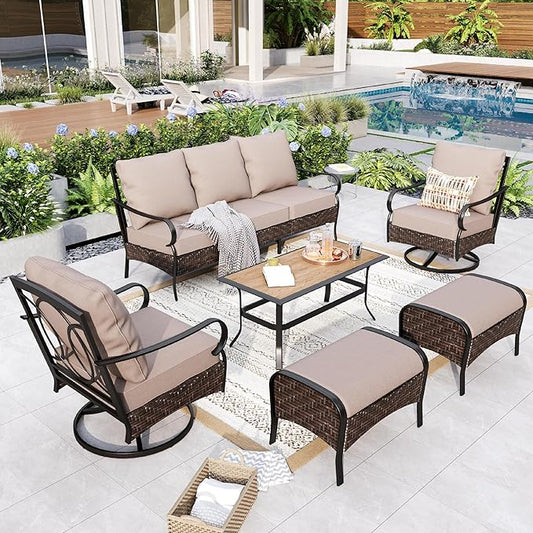 GREEN PARTY Extra Large Outdoor Patio Furniture Set 6 Pieces for 7, Modern Metal Patio Conversation Sets with High Back 3-Seat Sofa, 2 Swivel Chairs, 2 Ottoman, 1 Coffee Table
