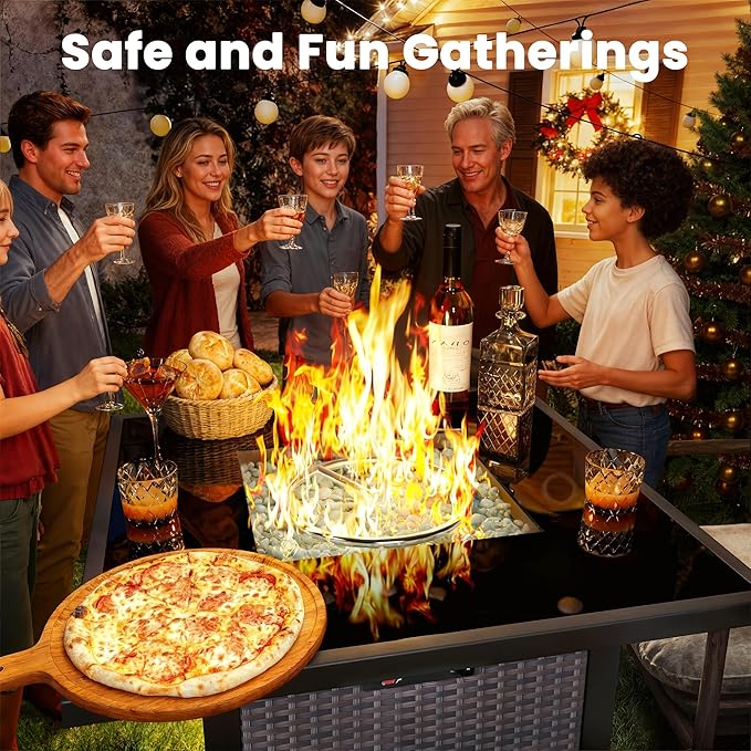 Propane Fire Pit Table, Outdoor Fire Pit Table, 28" Rattan Square Outdoor Gas FirePit with Glass Wind Guard, Tempered Glass Tabletop, Lid, CSA Listed, 50,000 BTU, Outside Patio Deck & Garden, Brown