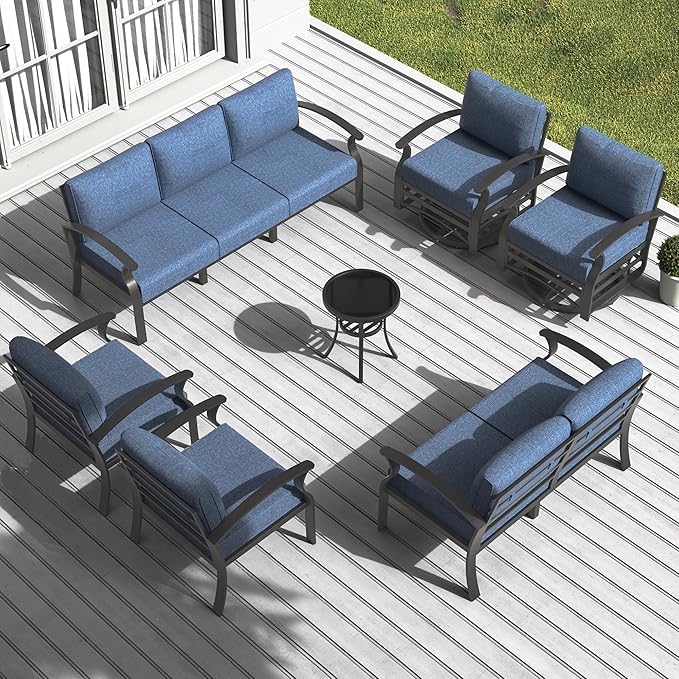 Aluminum Patio Furniture Set, 9 Seats Outdoor Patio Conversation Set with Swivel Chair Modern Metal Patio Sectional Sofa with Upgrade Cushions for Patio, Backyard Navy