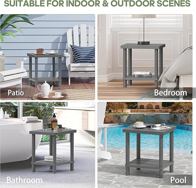LEJANEOYE Outdoor Side Table, 2-Tier Small Outdoor Table for Patio, Adirondack Side Tables for Outside or Indoor, Bamboo End Table for Pool, Porch, Weather Resistant Easy Maintenance-Gray