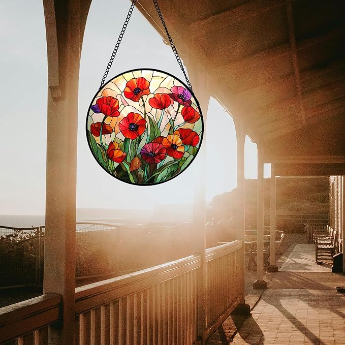 CRISGIF Stained Glass Window Hanging - Poppy Birth Flowers Suncatcher for Door Garden Yard Wildflowers Sun Catchers Decor Christmas Mother's Day Birthday Gifts for Women Mom Nana Friend 15 in