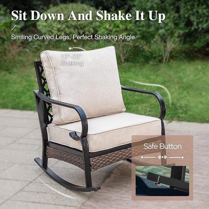 HERA'S HOUSE 6 Piece Metal Patio Furniture Set with 56" Fire Pit Table, All Weather Outdoor Conversation Set, 3 Seat Sofa, 2 Rocking Chairs, 2 Fixed Chairs, Seats 7 for Backyard, Garden, Deck, Beige