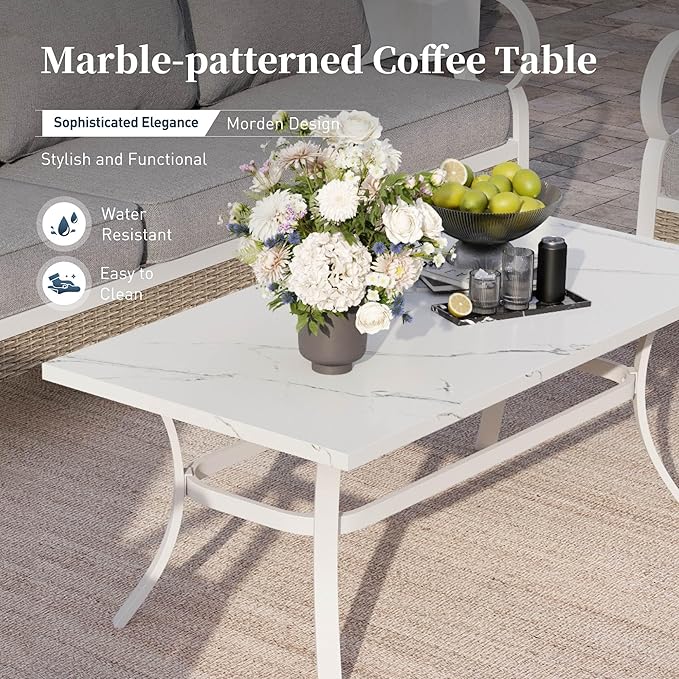 4 Piece Metal Outdoor Patio Furniture Set, Patio Conversation Sets 1 3-Seater Sofa, 2 Single Sofa with 5.75" Extra Thick Cushion and Coffee Table, White Frame Backyard Furniture, Gray