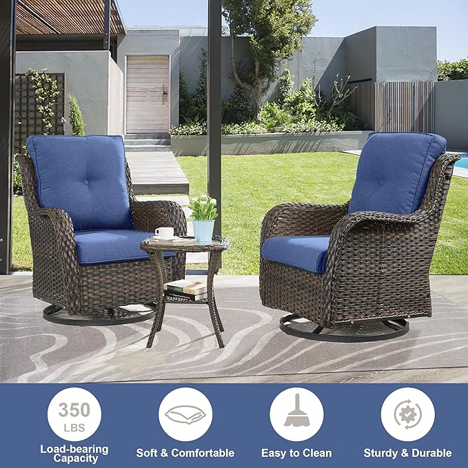 Belord Outdoor Swivel Rcoker Patio Chair - 3 Pieces Wicker Swivel Glider Chairs with Side Table, Patio Furniture Set for Porch Deck Balcony Garden