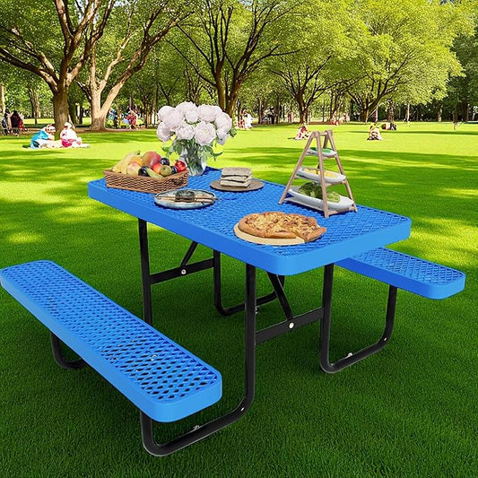 4FT Picnic Tables for Outdoors, Rectangular Commercial Metal Picnic Table Bench Set with Umbrella Hole,Heavy Duty Steel Weather-Resistant Dining Table for Patio Dining Garden Backyard BBQ School