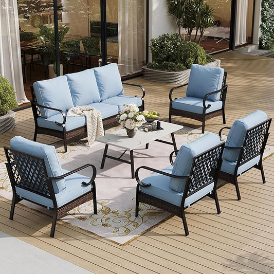 6 Piece Metal Outdoor Patio Furniture Sets, Patio Conversation Sets 1 3-Seater Sofa, 4 Single Sofa with 5.75" Extra Thick Cushion & Coffee Table, Black Frame Backyard Furniture, Blue