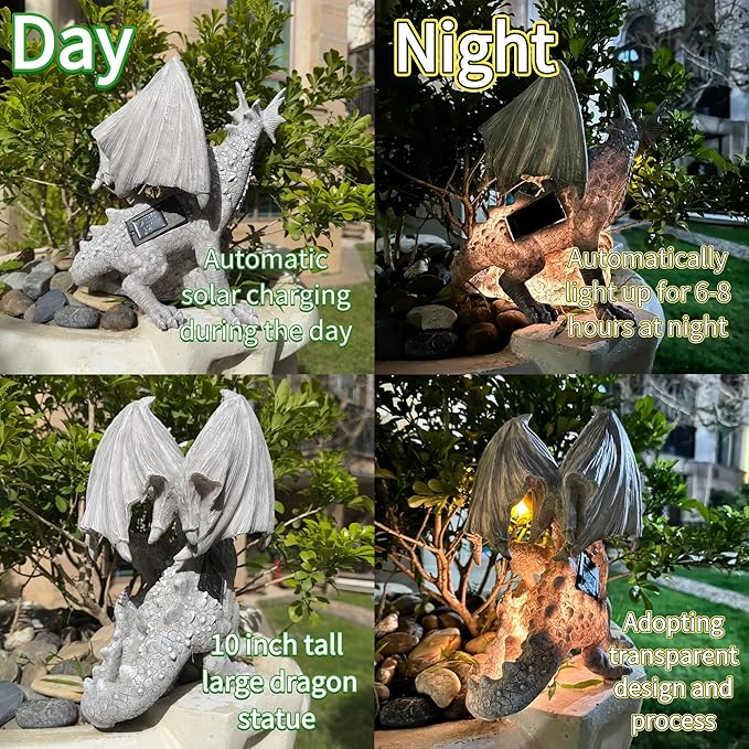 Jy.Cozy Garden Large Dragon Statue Solar Powered Outdoor Figurine Light The Dragonfire Welcome to My Turf Sign Big Resin Sculpture Home Decoration Housewarming Ornament Unique Gift