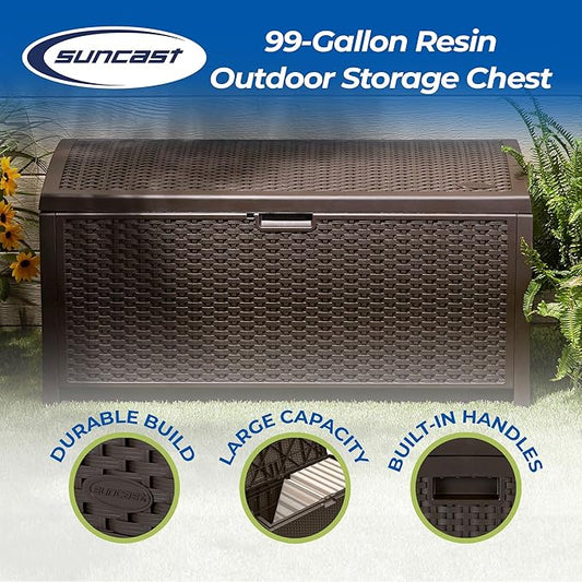 Suncast 99 Gallon Plastic Wicker Deck Box Container Storage for Garden, Garage, Home, Pool, Indoor and Outdoor Use, Mocha (2 Pack)