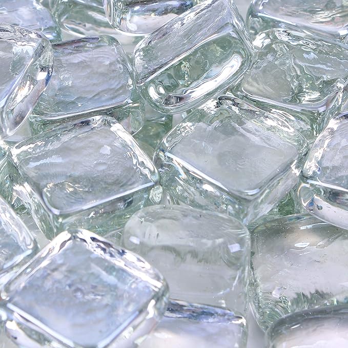 Reflective Fire Pit Glass Cubes - Professional Grade Fire Glass for Fire Pit - 1" Firepit Glass Rock - Glass Stones - Gas & Propane Fire Pit & Fireplace Glass (50 Pound, Clear)