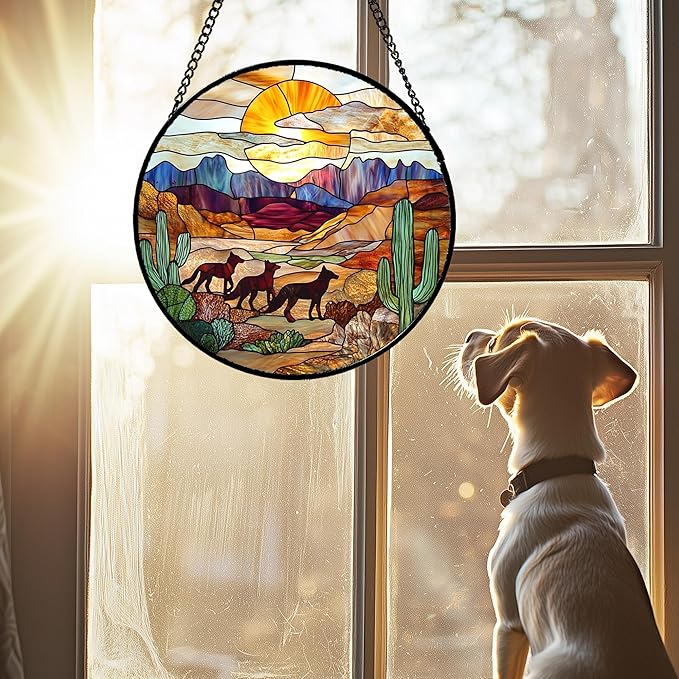 HKDGOKA Stained Glass Window Hanging Sunset Desert Landscape Wolf 7.8" - Suncatcher Door Garden Sunroom Sun Catcher Home Decor Birthday Christmas for Mom Men Woman Nana