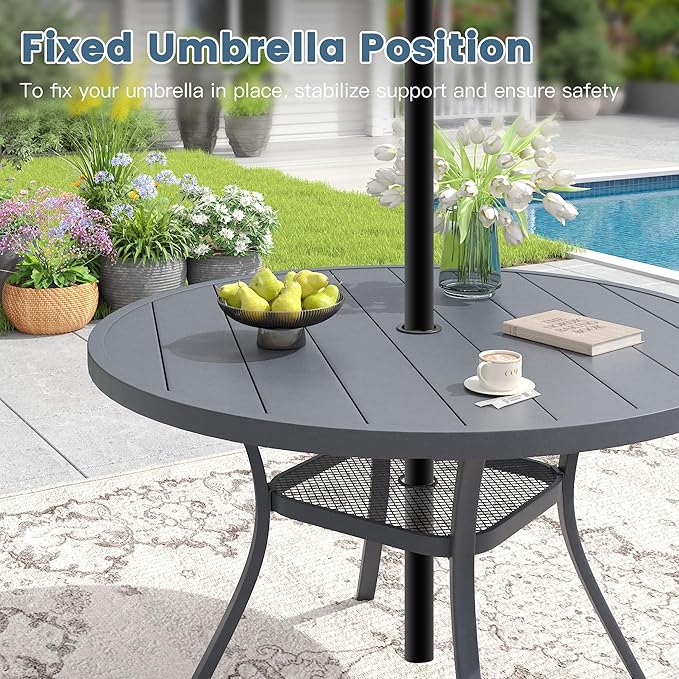 DIFY 48" Round Patio Dining Table for 6, All Weather Round Outdoor Metal Dining Table with 1.57" Umbrella Hole, Perfect for Backyard Lawn Garden, Grey