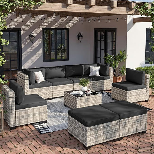 9-Piece Patio Furniture Set, Outdoor with Ottomans, Modular Patio Sofa, Dual-Strand Wicker Rattan, Rust-Resistant Frame, Backyard Furniture for Garden, Deck, Black