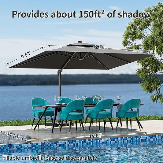 9x12FT Cantilever Patio Umbrella - Heavy Duty Double Layer Offset Design with 360° Rotation, Large Rectangle Sun Shade Umbrella for Garden, Deck, Pool, Backyard, Grey