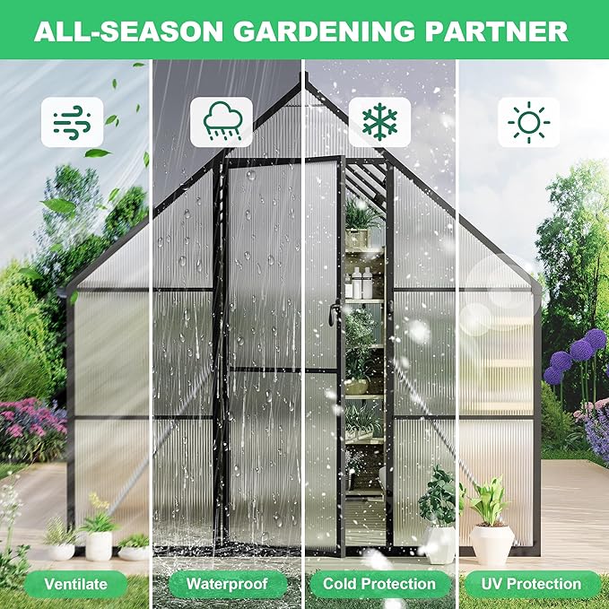 Polycarbonate Greenhouse for Outdoors, Large Walk-InGreenhouse with Quick Setup Structure and Roof Vent, Greenhouse with Ventilation and Rain Gutter