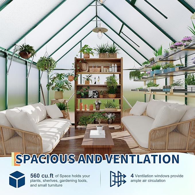 Polycarbonate Greenhouse for Outdoors, Large Walk-InGreenhouse with Quick Setup Structure and Roof Vent, Greenhouse with Ventilation