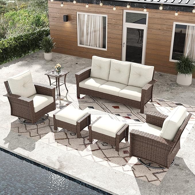 6 Pieces Outdoor Patio Furniture Set, Wicker Patio Sectional Set Conversation Wicker Swivel Chairs with Small Side Table