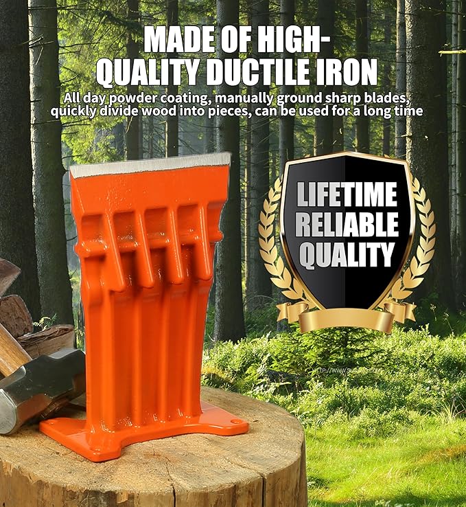 Firewood Kindling Log Wood Splitter – No Axe! Wedge Point Splits Firewood, 6 Inch, Orange with Safety Cover