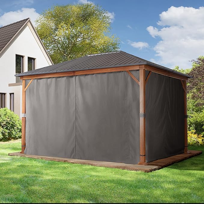 TOOLPORT Hardtop Gazebo 10x13 ft - Wood-Effect Finish - Steel Roof - 4 Side Panels in Gray