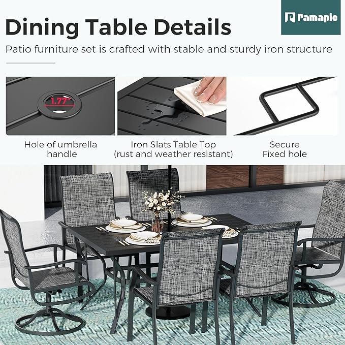 Pamapic 7-Piece Outdoor Dining Set, Patio Dining Set for 6, All-Weather Outdoor Patio Set with 2 Textilene Swivel Chairs & 4 Regular Chairs for Garden, Poolside, Deck，Gray