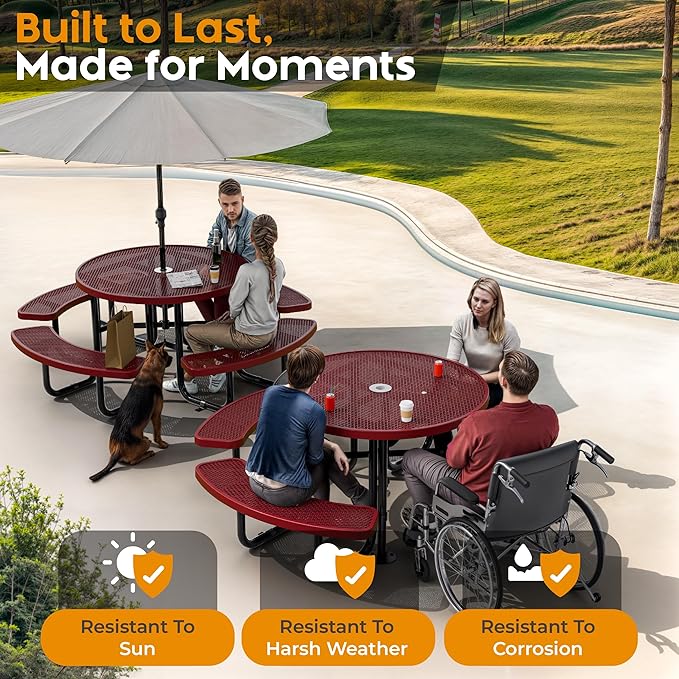OUTTANS Metal Picnic Tables for Outdoors with Umbrella Hole - Coated Steel Heavy Duty Commercial Grade Furniture Set with Adjustable Seats (Red, 46 in, Round, Expanded Steel)