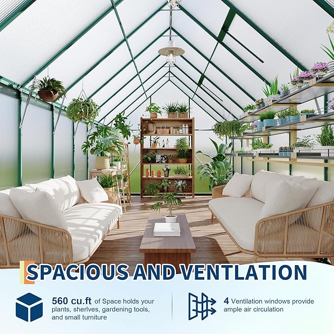 Polycarbonate Greenhouse for Outdoors, Large Walk-InGreenhouse with Quick Setup Structure and Roof Vent, Greenhouse with Ventilation