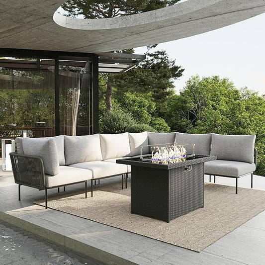7 Piece Modern Outdoor Rope Wicker Sectional Patio L-Shaped Conversation Sofa Set Deep Seating with Fire Pit Table