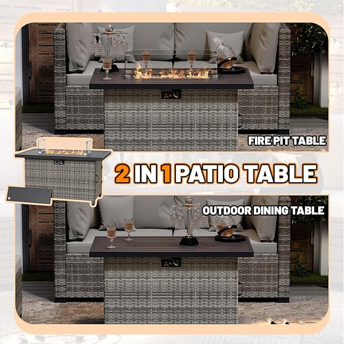 44 Inch Rectangular Propane Gas Fire Pits Table for Outside Patio, 50000 BTU Outdoor Wicker Rattan Fire Pit with Glass Wind Guard and Lid for Outside Patio Deck, Garden, Backyard (Grey)